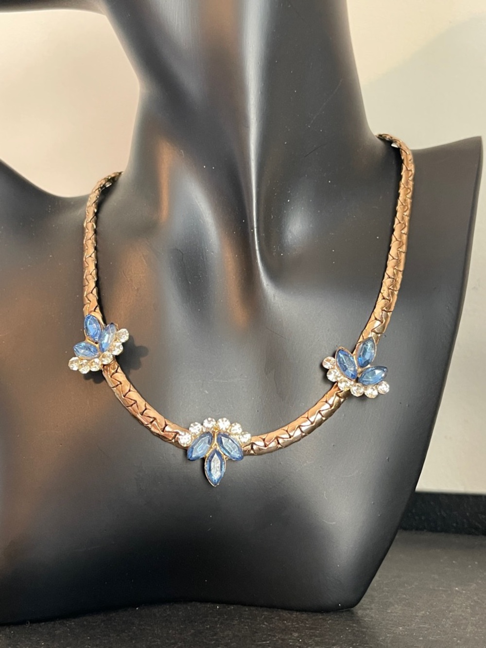 Vintage Gold Plated Blue & Clear Rhinestone Matching Necklace/Earring Set - Picture 3 of 10